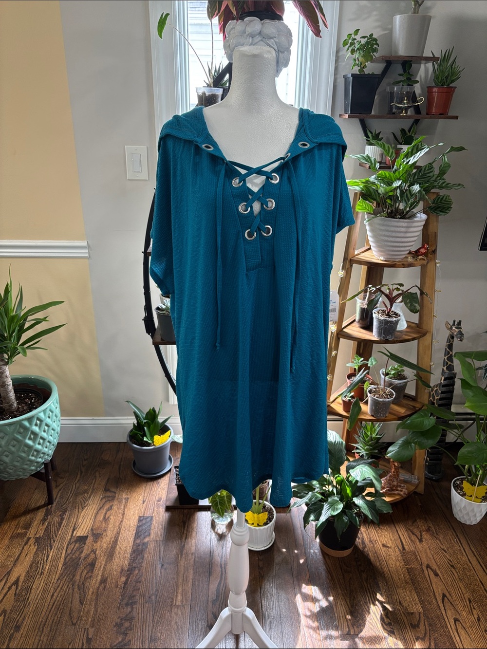 Time and Tru Teal Lace Up Hooded swim coverup size 1X
